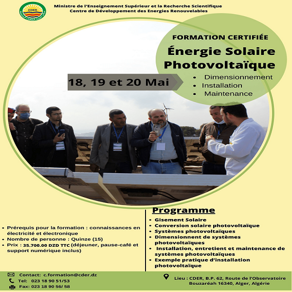 Le CDER lance les inscriptions à la quatrième session 2021, de la formation sur l’Energie Solaire Photovoltaïque : Dimensionnement, Installation et maintenance