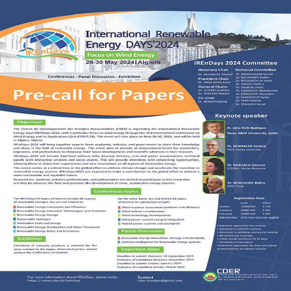Call For Papers : (IREnDays’2024) The International Renewable Energy Days, Conference & Exhibition will be held on May 28-30, 2024, Algeria