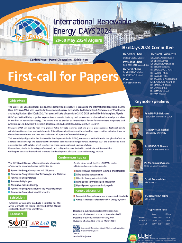 Call For Papers : (IREnDays’2024) The International Renewable Energy Days, Conference & Exhibition will be held on May 28-30, 2024, Algeria